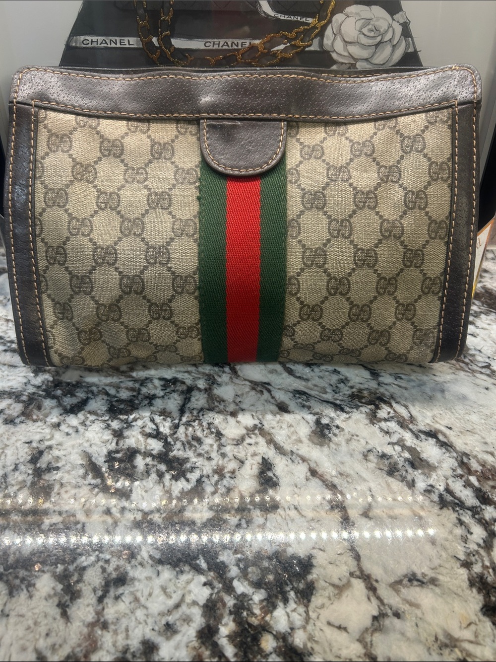 Gucci Brown GG Canvas Toiletry Bag with Green & Red Stripe